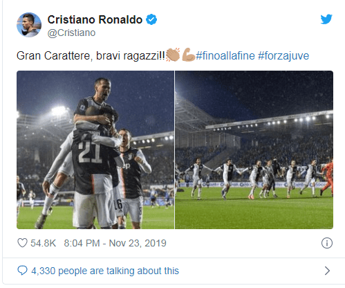 Ronaldo tweet dopo Atalanta-Juve